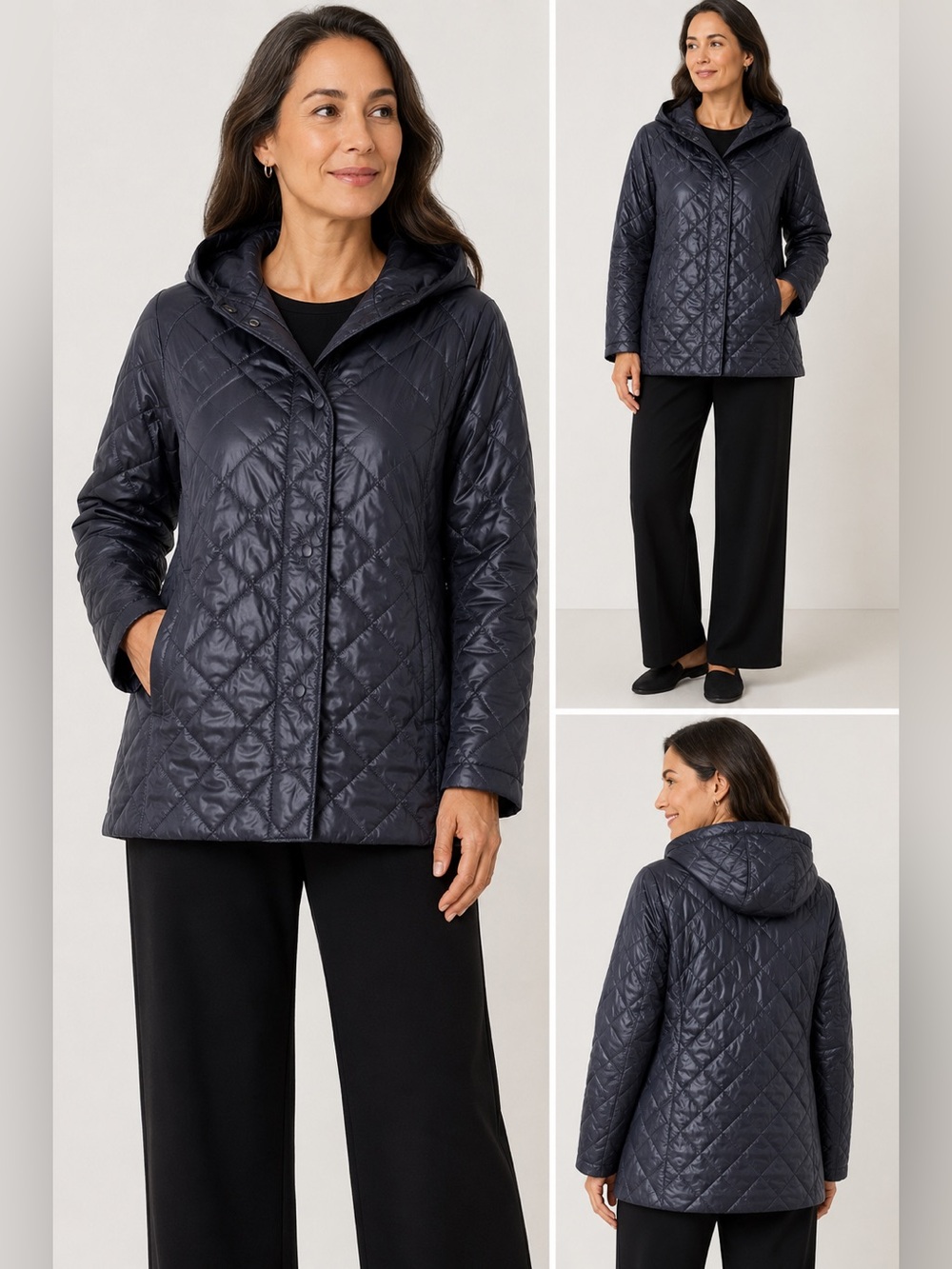 Eileen Fisher Quilted Hooded Lightweight Jacket Black Snap Front Women’s Small